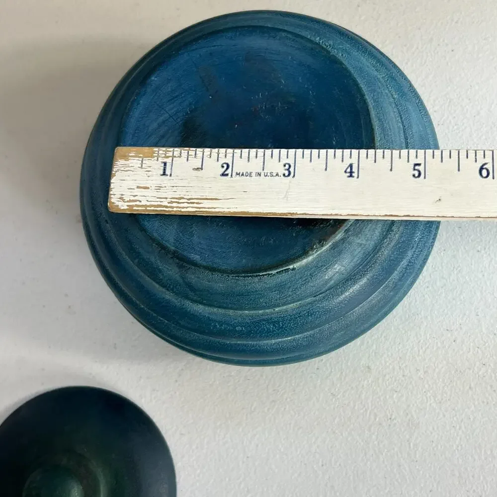 Vintage Lathe Turned Wooden Trinket Box with Lid Ombre Blue Teal